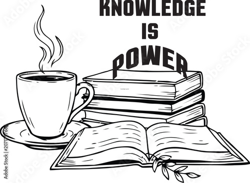 Steaming coffee cup beside stacked books with open pages and 'knowledge is power' text concept