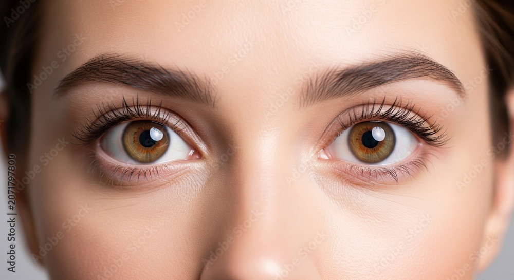 Fototapeta premium Extreme close-up shot of a young woman's beautiful brown eyes and well-shaped eyebrows. Perfect skin and natural look