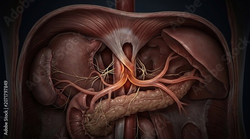 Human pancreas and liver anatomy are depicted in this detailed medical illustration highlighting digestive organ systems.