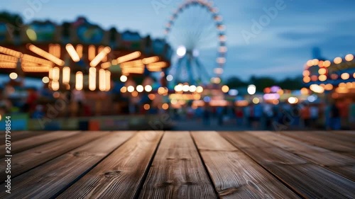 Empty wooden table with a blurred background of a lively amusement park at night, featuring a colorful carousel and a ferris wheel with bokeh lights, perfect for product placement or display