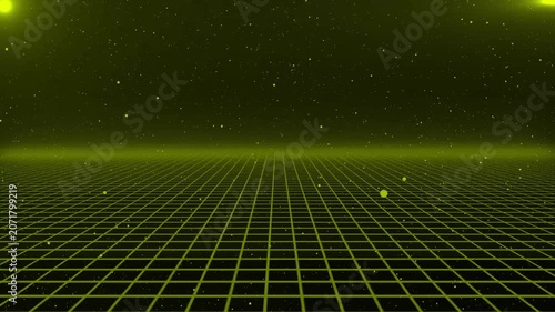 Retro arcade interface with digital grid landscape and credit counter. Vintage Arcade Credit 02 Idle Screen With Drifting Pixel Stars.