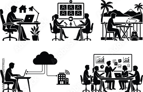 Remote Work and Digital Nomad Icon Set Flat Vector Silhouette Hybrid Office Business Graphics