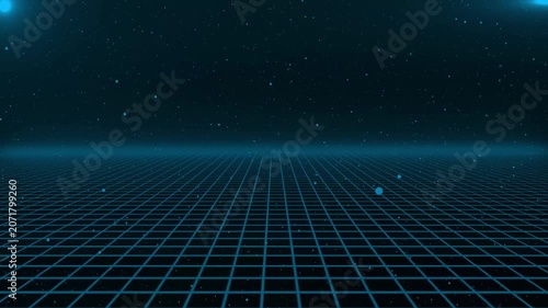 Retro arcade interface with digital grid landscape and credit counter. Vintage Arcade Credit 02 Idle Screen With Drifting Pixel Stars.