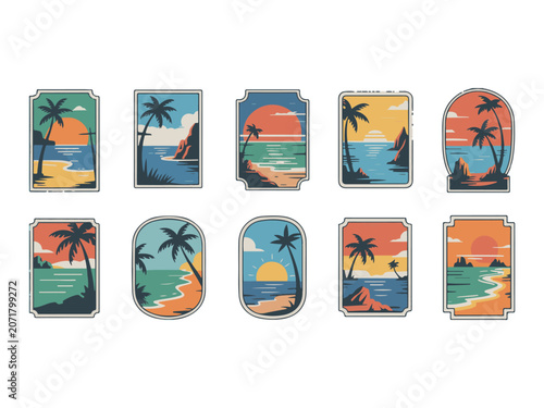 Tropical Sunset Beach Badge Collection Vector Icons Palm Tree Ocean Landscape Set
