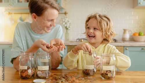 Smiling siblings sorting coins into jars while learning to save money at home
