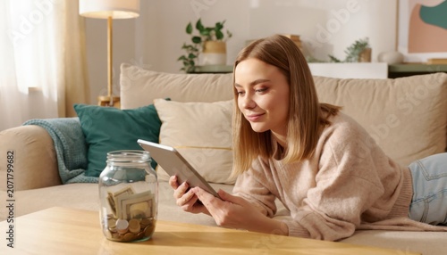 Young woman using a tablet beside a jar of savings in a cozy living room