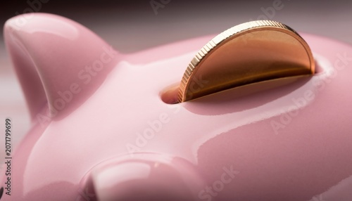 Close-up of a pink piggy bank with a gold coin being inserted, saving money concept