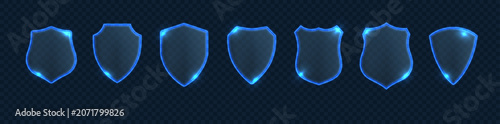 Photos Transparent glass shield with glowing neon arrows, 3D protective icon on dark background