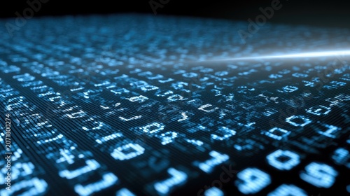 Abstract digital stream of blue glowing characters, numbers, and symbols
