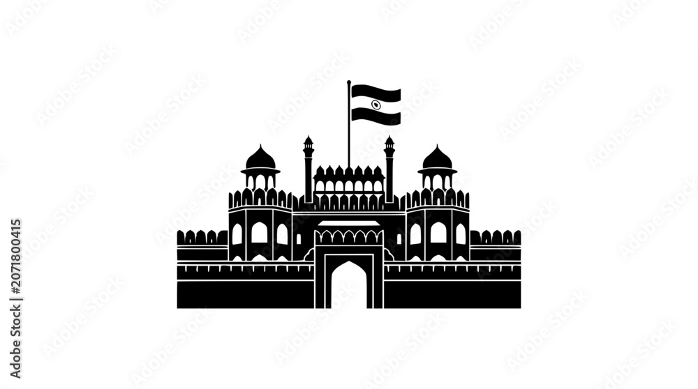 Obraz premium India Flag on Red Fort Silhouette