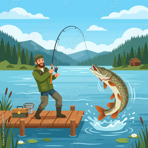 Foto A happy fisherman catches a large fish from a wooden dock