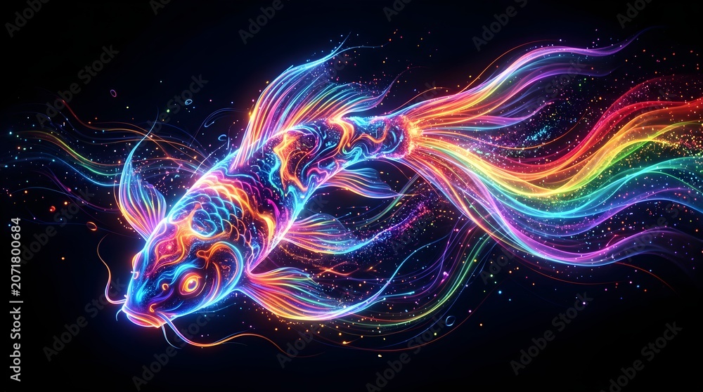 Fototapeta premium Vibrant rainbow-colored fish swims through a starry night environment with flowing fins and tail.