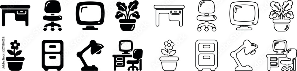Naklejka premium Set of office furniture and equipment icons including desk, chair, monitor, lamp, filing cabinet, and potted plant