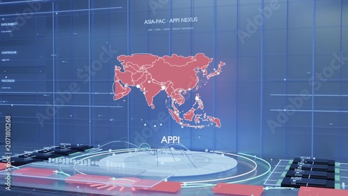 Powering hologram platform at control wall, red marker expanding into APAC map, showing APPI label