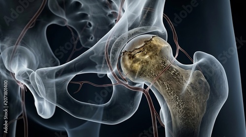 Hip joint anatomy shows the femoral head and surrounding pelvic bone structures in a detailed diagnostic medical rendering.