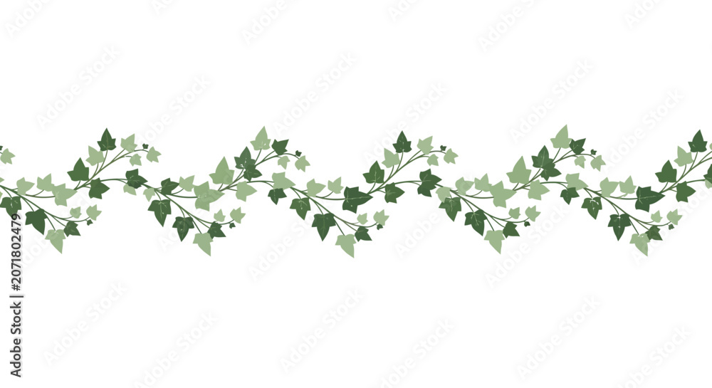 Fototapeta premium Green ivy leaf border with trailing vines in horizontal pattern