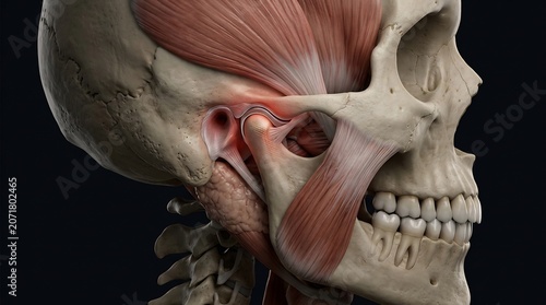 Skull anatomy highlights the temporomandibular joint and surrounding facial muscles, providing a detailed educational representation of the human skeletal structure in a professional medical setting.