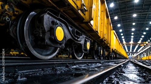 Yellow train car wheels on track in industrial building