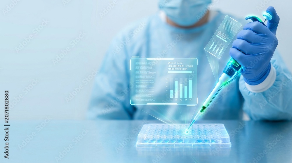 Fototapeta premium Scientist in blue gloves using a micropipette on a microplate with a glowing holographic data analysis dashboard. Futuristic laboratory concept for gene sequencing, pharmaceutical R&D, clinical testin