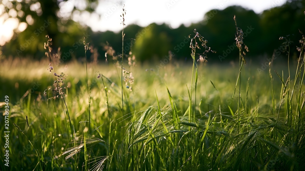 Obraz premium Lush sunlit hay meadow bathed in serene evening light creates a tranquil and pastoral outdoor landscape
