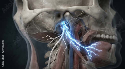 Nerve fibers of the trigeminal system radiate across the jaw and head musculature to provide detailed anatomical insight into facial pain conditions.