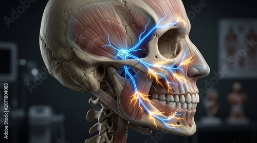 Human skull featuring detailed anatomical structures highlights the complex network of facial nerves, serving as a medical illustration for scientific education and clinical neurological research.