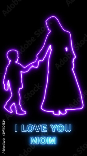 A loving mother holds her child's hand in a neon-lit scene