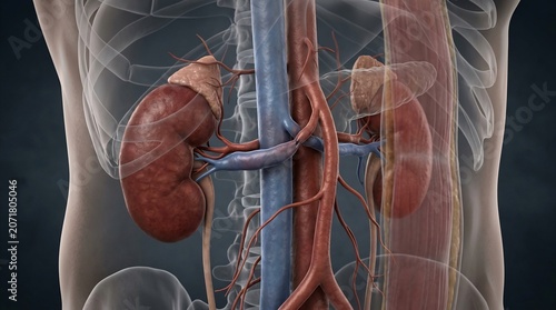 Kidney organ system rendering shows the complex internal vascular network and human renal anatomy with clinical precision.