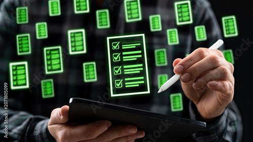 Hand holding stylus over tablet surrounded by glowing digital checklists