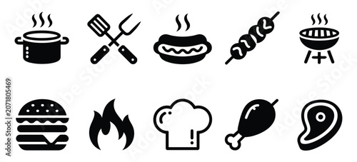 BBQ and grilling vector icon set featuring meat, burger, sausage, chicken leg, outdoor cooking flame symbols, barbecue food and grill equipment elements, clean flat design illustration.