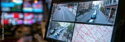Four-screen monitor displays city streets, traffic, and a map