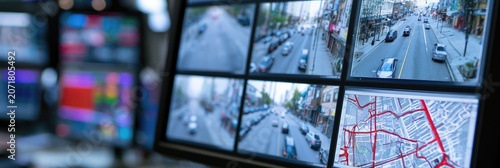 Surveillance monitors display live street views and a city map