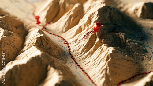 A topographic map detail shows a mountainous route marked with red pins and dotted lines