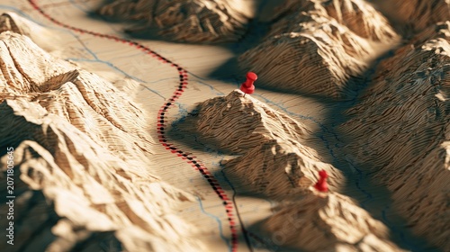 Textured, rendered topographical map displays arid mountains, dotted trail, and red pins