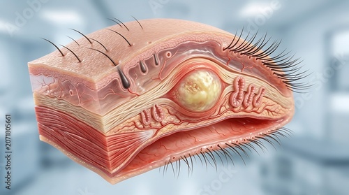 Eyelid cross section showcases the structural layers of human skin and underlying tissue including a small chalazion cyst development for dermatological and ophthalmological medical visual analysis.
