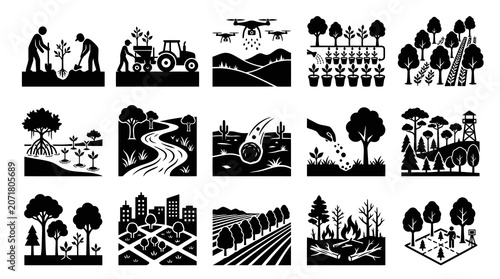 Tree Planting, Forestry, and Environmental Management Glyph Icons Set - Agriculture  Nature Pictograms