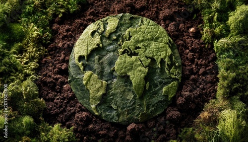 Earth made of green leaves, resting in rich soil and moss