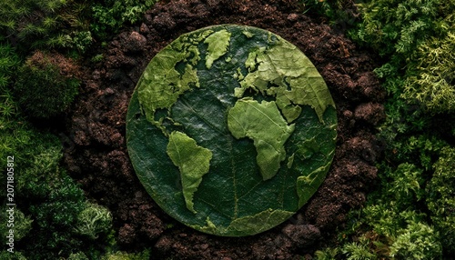 Planet earth formed from lush green leaves nestled in rich soil