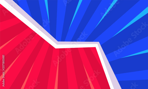 Dynamic red and blue comic style background with radiating lines and sharp division.