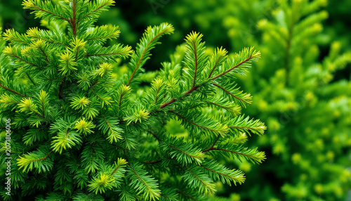 Close-up of green evergreen pine tree branches in natural setting  