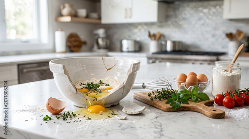 Broken ceramic bowl with raw egg spill and herbs on kitchen counter with cooking ingredients