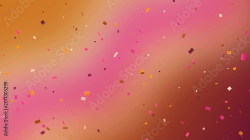Vibrant pink and orange confetti particles fall against a gradient background.