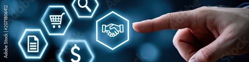 Human finger interacting with glowing digital business icons in hexagons