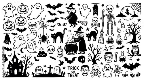 Set of hand drawn Halloween icons and spooky characters illustration