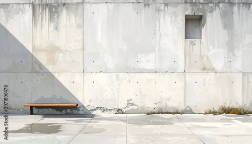 A stark, minimalist composition of a concrete wall with a bench and shadow play