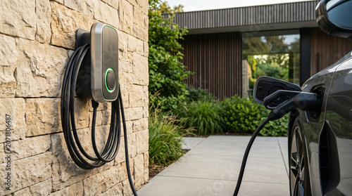 Modern electric car charging at home with wall mounted charging station and vehicle plug in driveway