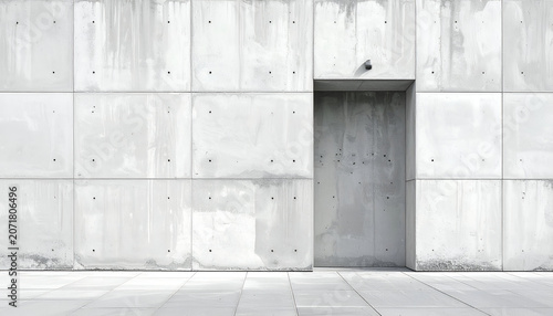 Stark, geometric exterior features a rectangular concrete wall with a door recess