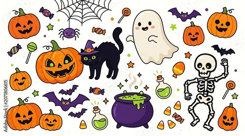 Cute Halloween doodle set with pumpkins ghosts and skeleton illustration