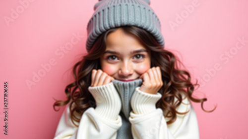 Her face with collar iteration of sweater on pink background Brunette with wavy hair wears