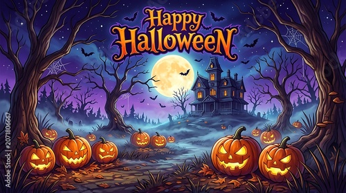 Happy Halloween banner with pumpkins and haunted house illustration